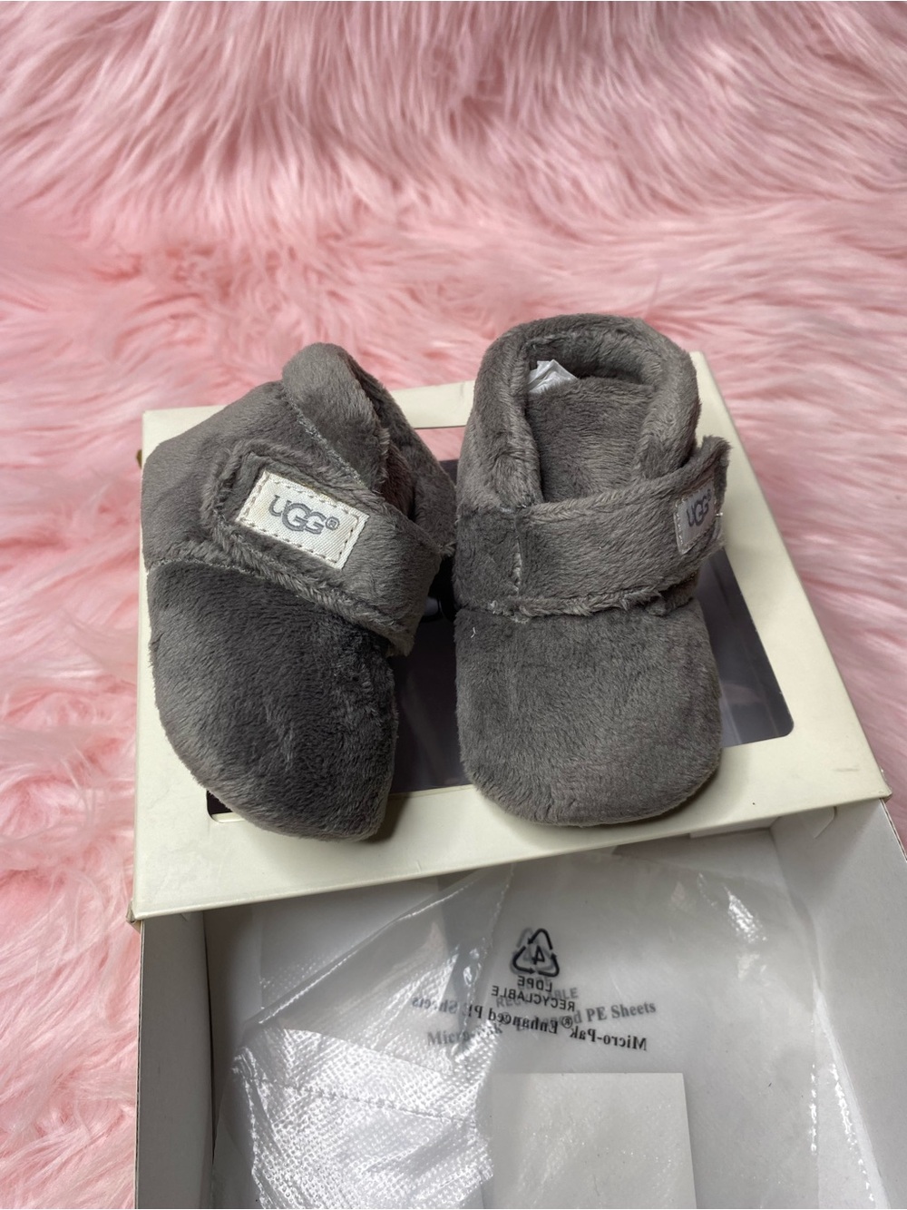 UGG Grey Plush Infant Booties with Hook-and-Loop Strap